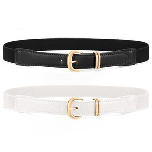 2 Pack Women Skinny Elastic Belt Fashion Gold Buckle Stretchy Thin Waist Belts🥰